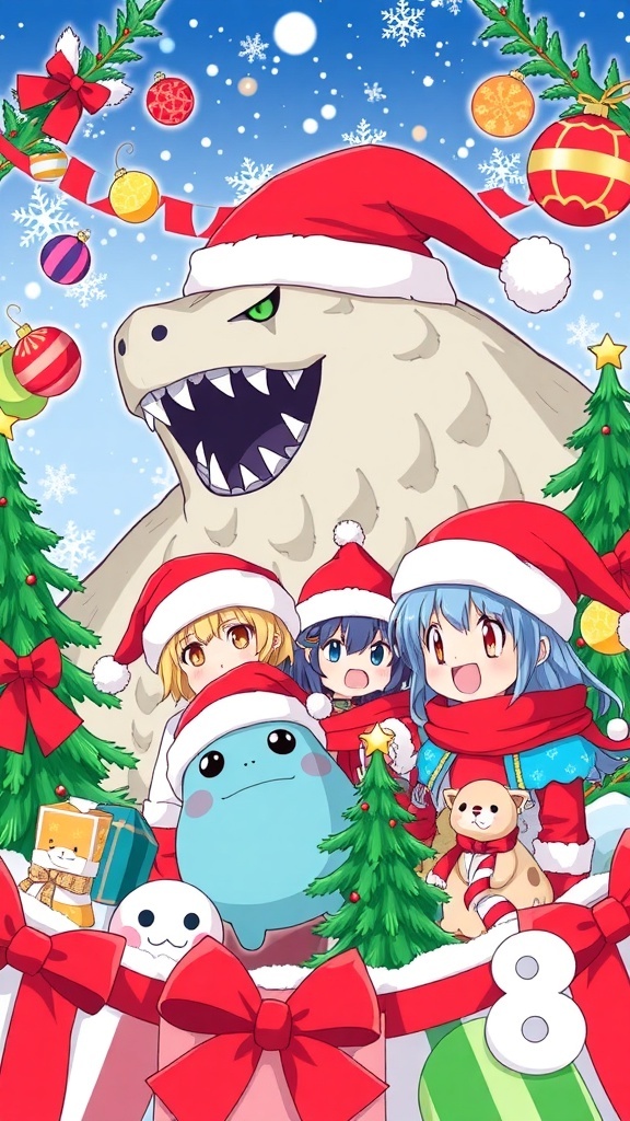 Kaiju No. 8 characters in Christmas attire with festive decorations.